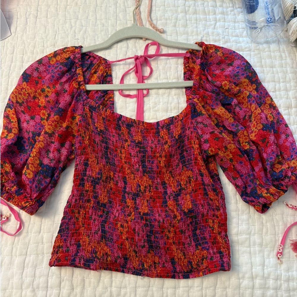 Free People Vibrant Floral Puff Sleeve Blouse - Pink and Orange